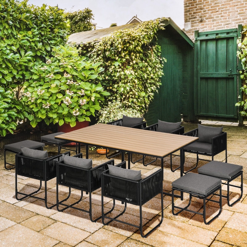 Best 10 Seater Rattan Cube Garden Furniture Set, Rattan Dining Set with Cushions, Outdoor Dining Table and Chairs with 6 Armchairs, 4 Stools, Rectangular Wood Grain Plastic Top Table, Black - Image 10