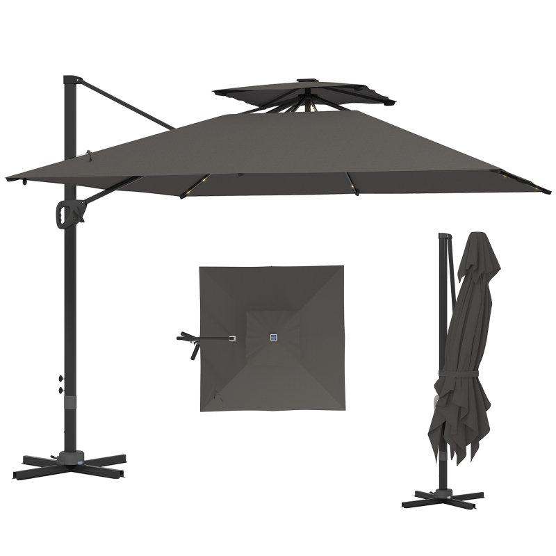 Best 3.5x3 m Garden Cantilever Parasol with Solar LED Lights and Centre Light, Aluminium Large Square Patio Umbrella, UPF50+ Hanging Sun Shade with Cross Base, Crank Handle and Tilt, Grey - Image 10