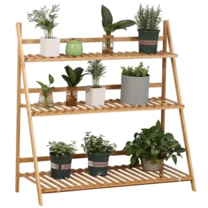 Best 3-Tier Plant Stand, Plant Shelf Rack, Folding Bamboo Display Stand, 98x37x96.5cm, Natural