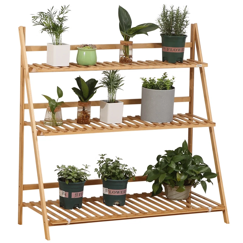 Best 3-Tier Plant Stand, Plant Shelf Rack, Folding Bamboo Display Stand, 98x37x96.5cm, Natural