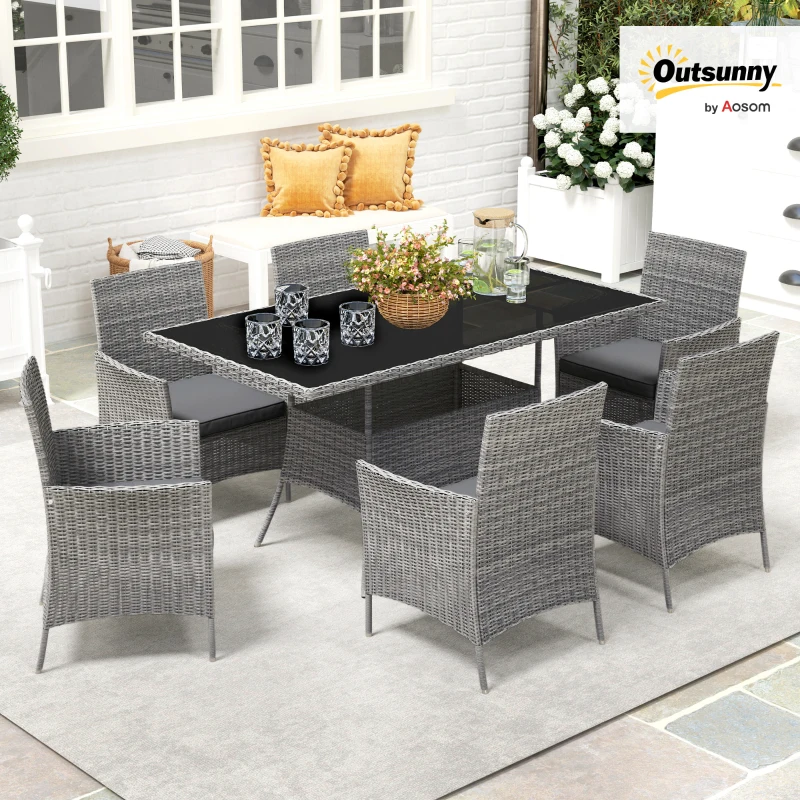 Best 7-Piece Rattan Garden Furniture Set with Cushions, 6 Seater Garden Table and Chairs, Rattan Dining Set with 6 Armchairs, Rectangular Glass Top Table, Charcoal Grey - Image 2