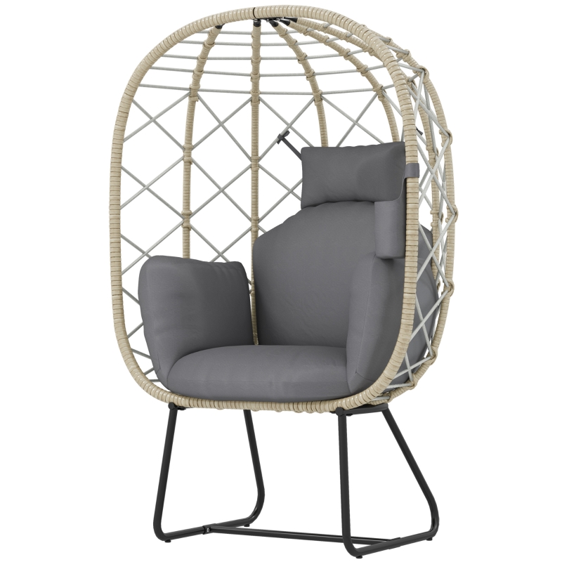 Best Rattan Egg Chair Outdoor Indoor Wicker Chair with Thickened Cushion and Headrest, Standing Garden Egg Chair with Cup Holder, Metal Frame for Patio, Balcony, Grey - Image 11