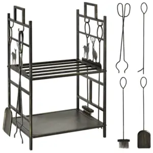 Best Metal Firewood Log Holder 2 Tier Firewood Rack Indoor Outdoor Fireplace Wood Storage Shelf with 4 Tools, Hooks, Elk Shape Design, Black Gold Tone, 51.5W x 33D x 77H cm