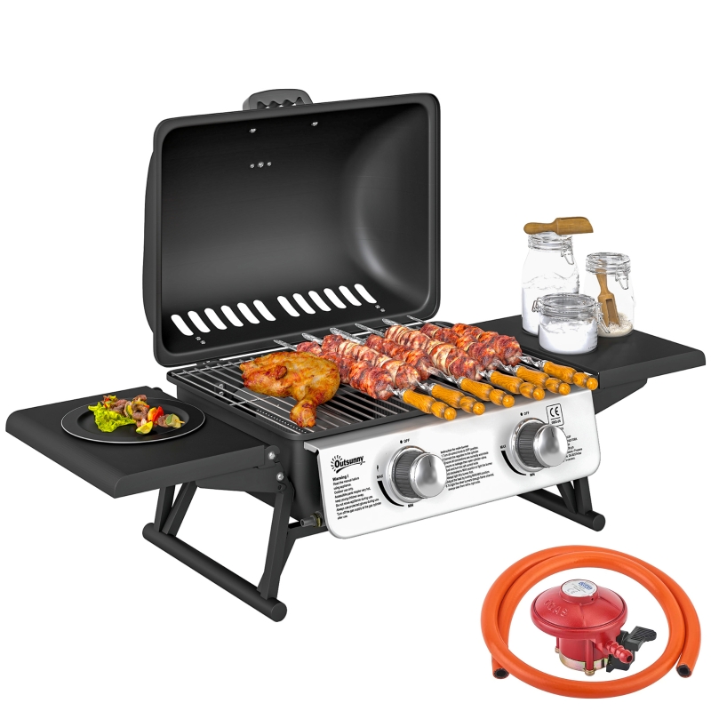 Best 2 Burner Gas BBQ Grill with Foldable Side Tables, Portable Tabletop Gas Barbecue Grill with Built-in Thermometer, Lid, Grease Tray for Garden Party Camping Picnic Outdoor Cooking 5.6KW, Black - Image 10