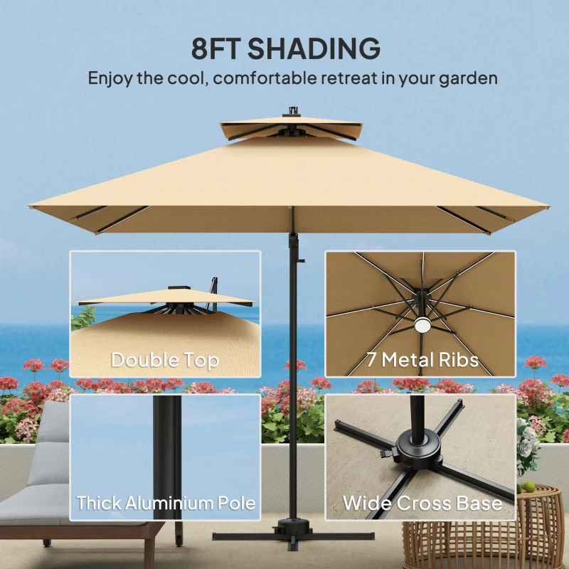 Best 2.5m Cantilever Parasol with Solar Powered LED Lights, 360° Rotation, Tilt Adjustment, Crank Handle, Khaki - Image 7