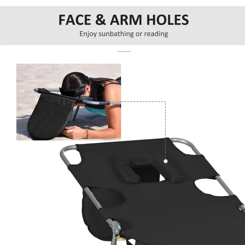 Best Foldable Sun Lounger, Beach Chaise Lounge with Reading Hole, Arm Slots, 5-Position Adjustable Backrest, Side Pocket, Pillow for Garden, Beach, Pool, Black - Image 7