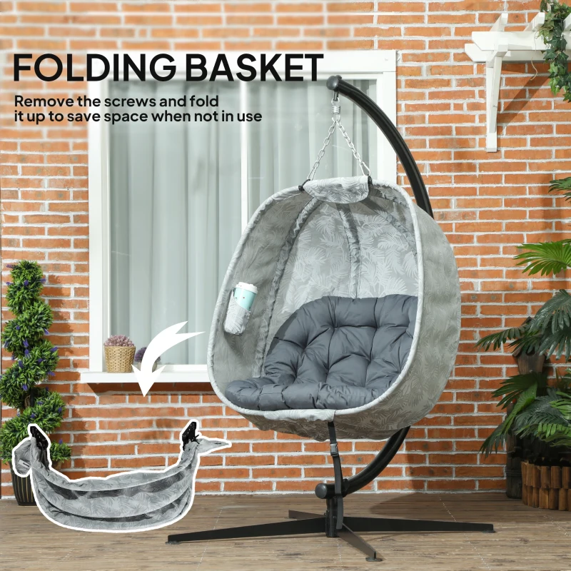 Best Hanging Egg Chair Outdoor Indoor Garden Swing Chair with Folding Basket, Garden Hanging Chair with Stand, Thickened Cushion, Cup Holder for Patio, Balcony, Grey - Image 6