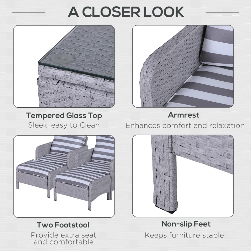 Best 5 Pieces PE Rattan Garden Furniture Set with 10cm Thick Padded Cushions, Wicker Weave Outdoor Seating Chairs with 2 Armchairs, 2 Stools, Glass Top Table, Grey and White - Image 6