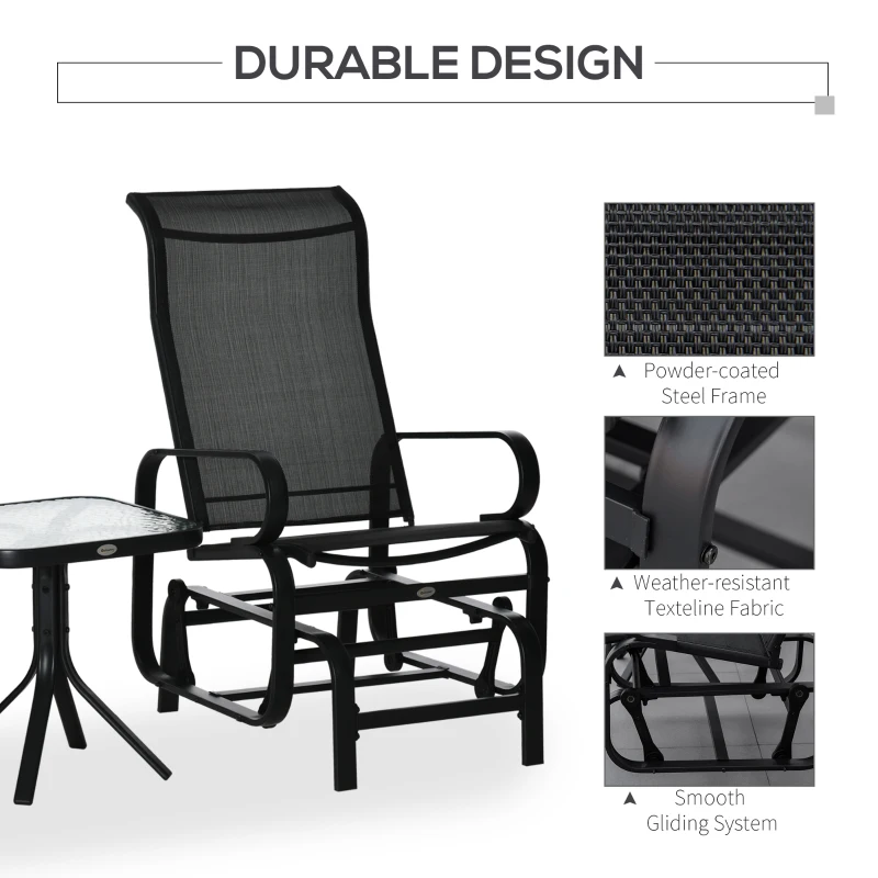 Best 3 Pieces Garden Gliding Chair Set, Metal Frame 2 Single Armchair Swing Seater and 1 Glass Top Coffee Table w/ Breath Mesh Fabric Seat, Black - Image 5