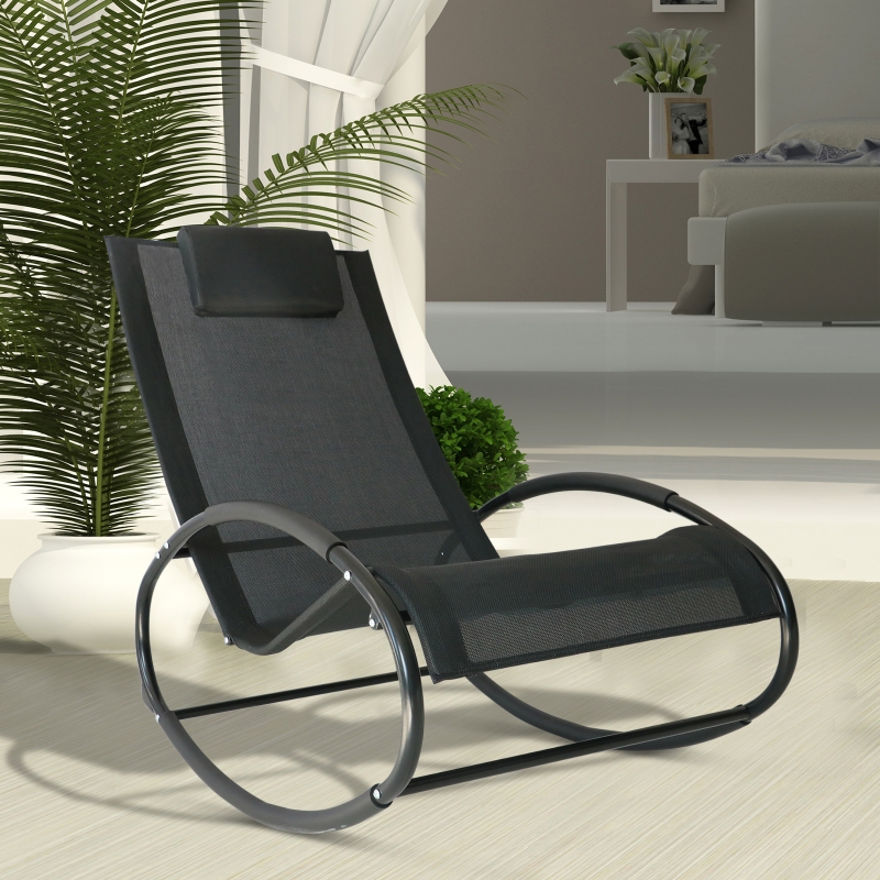 Best Rocking Chair Sun Lounger Recliner Rocker Texteline Fabric Patio Garden Relaxer with Pillow, Black - Image 10