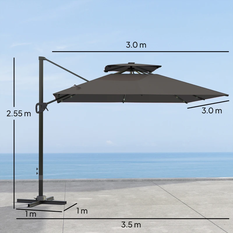 Best 3.5x3 m Garden Cantilever Parasol with Solar LED Lights and Centre Light, Aluminium Large Square Patio Umbrella, UPF50+ Hanging Sun Shade with Cross Base, Crank Handle and Tilt, Grey - Image 3