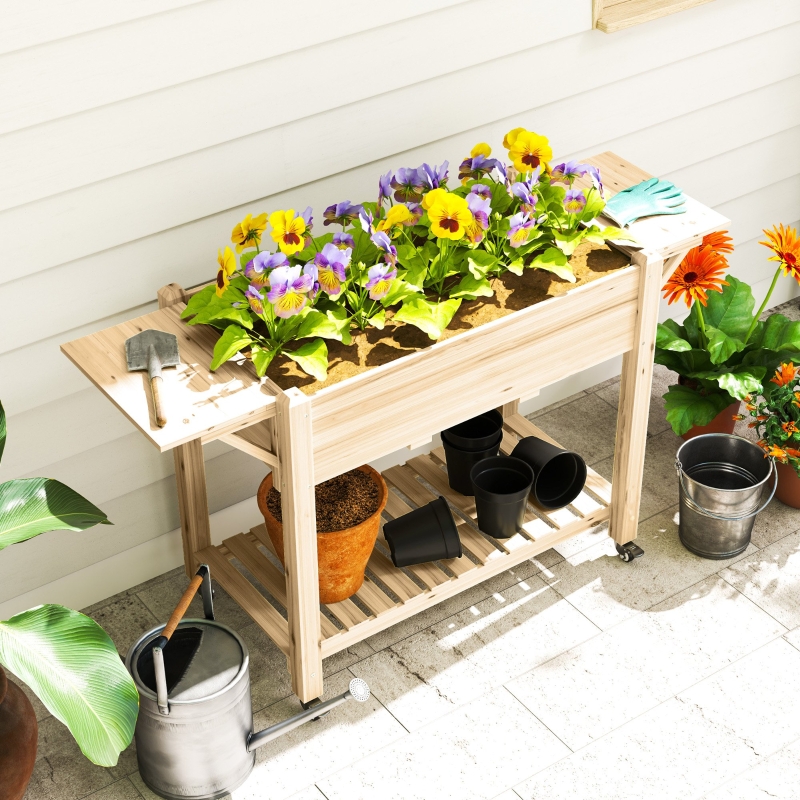 Best 46 x 94cm Wooden Raised Planter, with Shelves - Natural Finish - Image 9