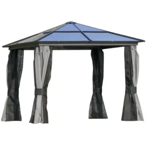 Best 3 x 3(m) Hardtop Gazebo Canopy with Polycarbonate Roof, Aluminium Frame, Permanent Pavilion Garden Gazebo with Netting and Curtains for Patio, Deck, Dark Grey