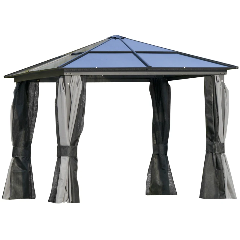 Best 3 x 3(m) Hardtop Gazebo Canopy with Polycarbonate Roof, Aluminium Frame, Permanent Pavilion Garden Gazebo with Netting and Curtains for Patio, Deck, Dark Grey