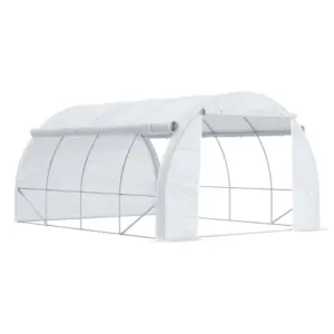 Best 4 x 3 x 2 m Polytunnel Greenhouse with Roll-up Side Walls, Walk-in Grow House Tent with Steel Frame, Reinforced Cover, Zipped Door and 12 Mesh Windows for Garden, White