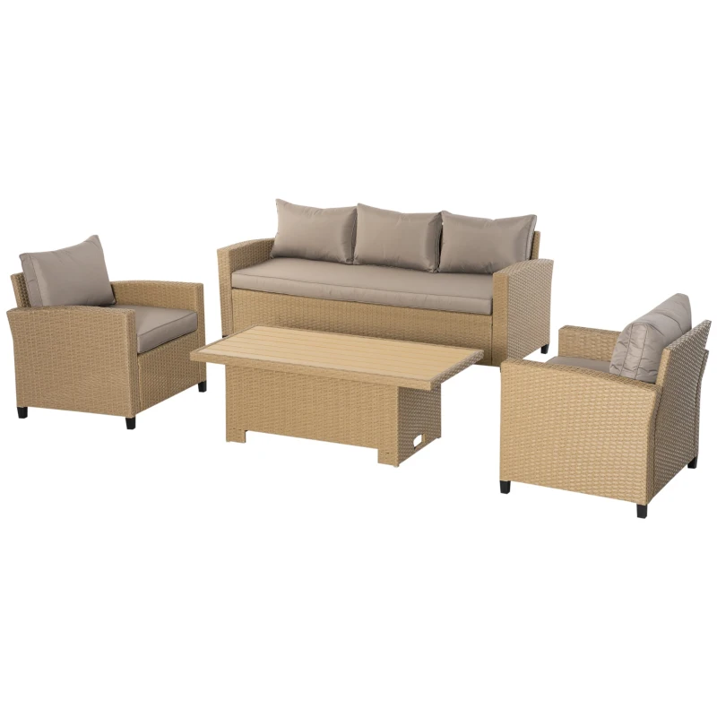 Best 4 PCS Outdoor PE Rattan Sofa Set, Patio Twin Wicker Aluminium Frame Conversation Furniture w/ Adjustable Wood Grain Plastic Table-top Table & Thick Cushion for Garden, Backyard, Lawn, Khaki