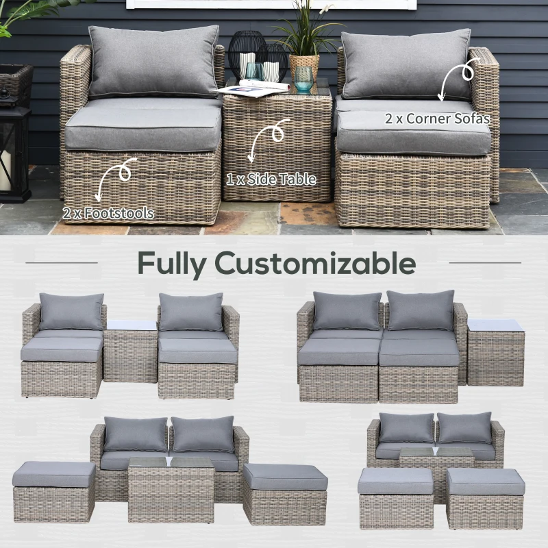 Best 5 Piece Rattan Garden Furniture Set w/ 10cm Thick Cushions, Aluminium Frame Wicker Outdoor Balcony Sofa Set with Corner Armchairs, Ottomans, and Glass Top Table, Mixed Brown - Image 8