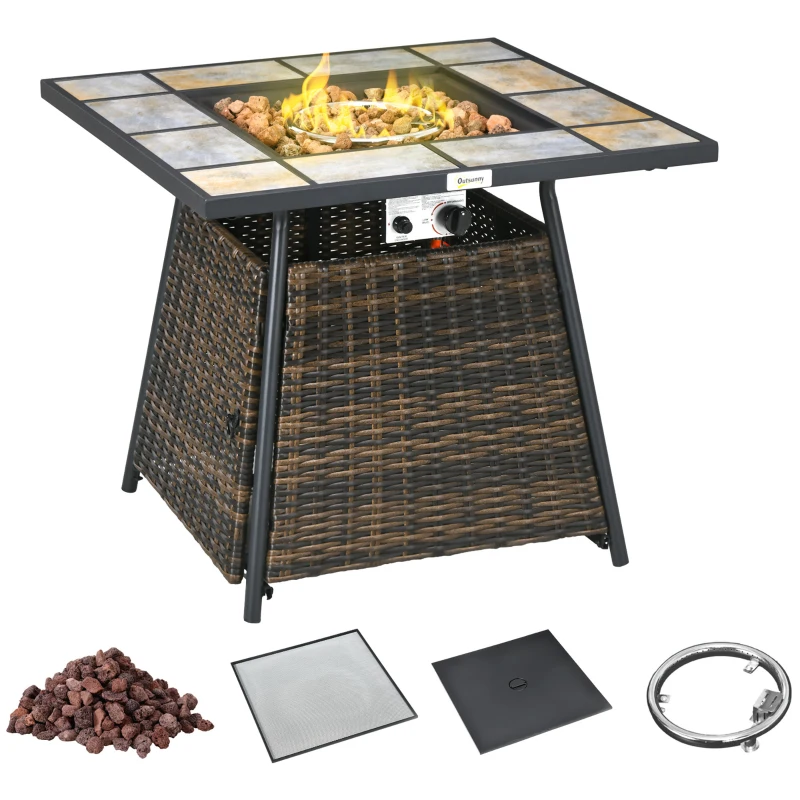 Best Square Outdoor PE Rattan Fire Pit TableGas Burner Heater w/ Control Panel, Slate Top, Lid and Lava Rocks, 50,000 BTU