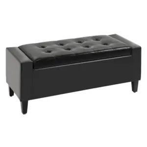 Best PU Leather Storage Ottoman Bench Storage Chest Tufted Ottoman Cube w/ Flipping Top 92L x 40W x 40H cm Black