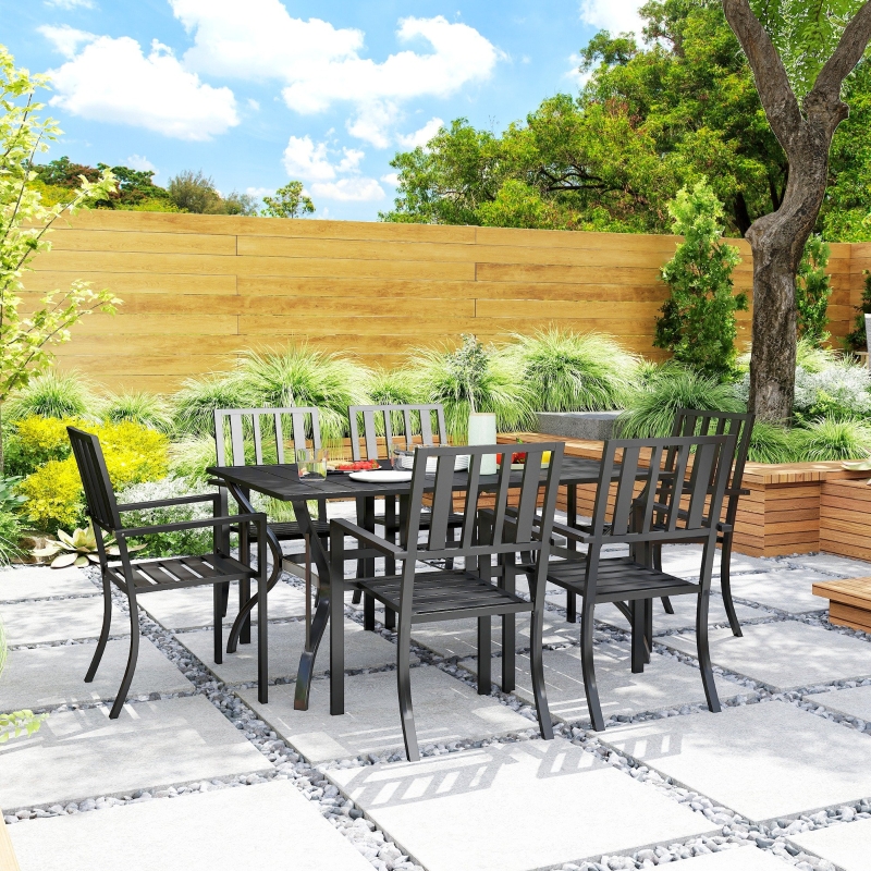 Best 7 Pieces Garden Table and Chairs 6 Seater Outdoor Table and Chairs with Umbrella Hole, for Poolside, Garden, Black - Image 9