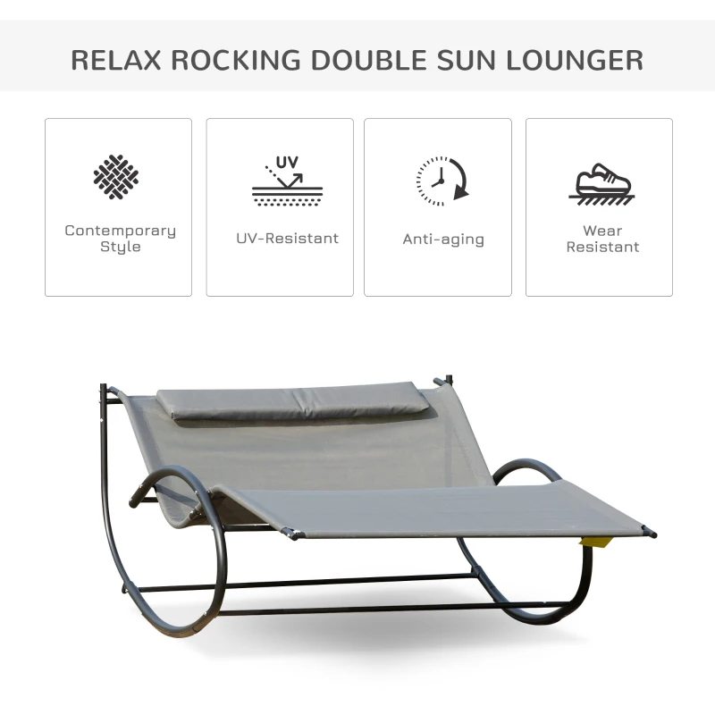 Best Double Sun Lounger, Rocking Lounger Sunbed Daybed with Armrest and Headrest Pillow, for Two, For Outdoor Patio Garden, Grey - Image 6
