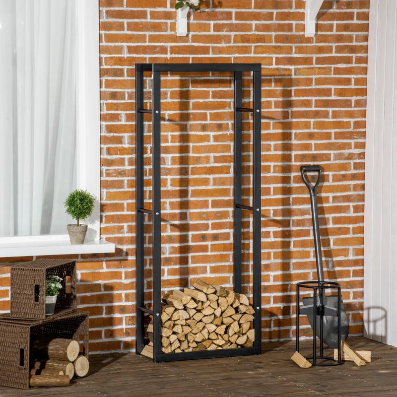 Best Metal Firewood Log Holder Tall Firewood Rack Indoor Outdoor Fireplace Wood Storage Shelf, Black, 60Wx25Dx150Hcm - Image 2