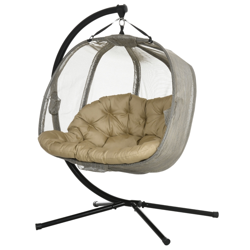 Best Double Hanging Egg Chair 2 Seaters Texteline Swing Hammock Chair with Stand, Cushion and Folding Design, for Indoor and Outdoor, Brown - Image 11