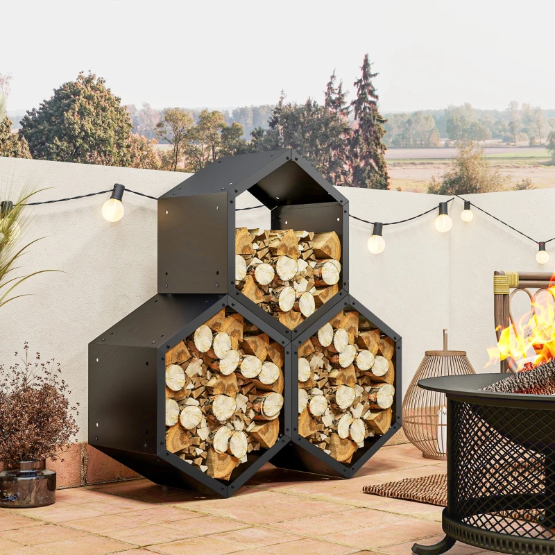 Best Fireplace Log Rack, Steel Firewood Log Holder, 3 Hexagon Boxes, Indoor Outdoor Wood Storage Shelf, 113 x 37 x 113cm, Black - Image 2