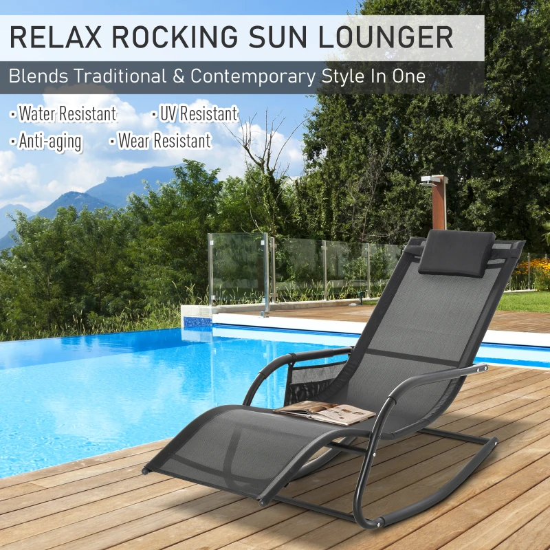 Best Outdoor Garden Rocking Chair, Patio Sun Lounger Rocker Chair with Breathable Mesh Fabric, Removable Headrest Pillow, Armrest, Side Storage Bag, Black - Image 4