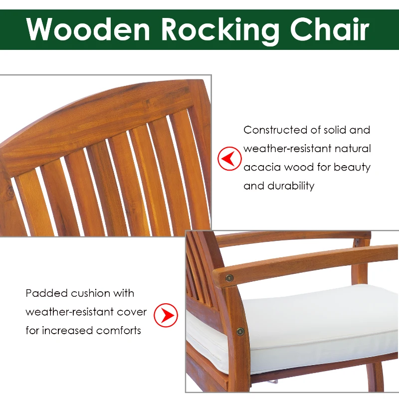 Best Garden Acacia Wood Rocking Chair Deck Indoor Outdoor Porch Seat Rocker with Cushion - Image 4