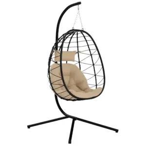 Best Hanging Egg Chair Outdoor Indoor Garden Swing Chair with Folding Basket, Thickened Cushion, Garden Hanging Chair with Stand, Headrest for Patio, Balcony, Khaki