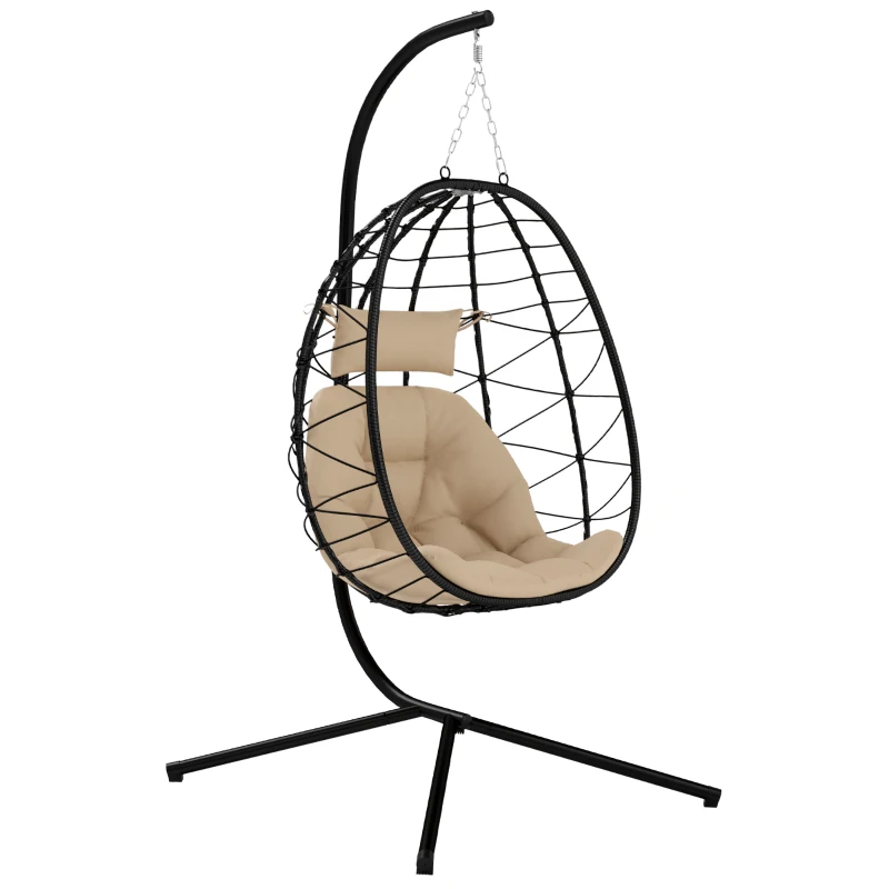Best Hanging Egg Chair Outdoor Indoor Garden Swing Chair with Folding Basket, Thickened Cushion, Garden Hanging Chair with Stand, Headrest for Patio, Balcony, Khaki