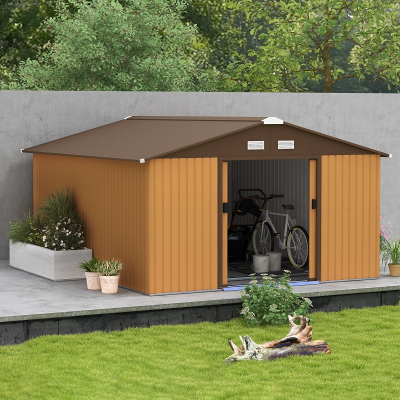Best 13 x 11ft Metal Garden Shed, Outdoor Storage Tool House with Ventilation Slots, Foundation Kit and Lockable Double Doors, Light Brown - Image 10