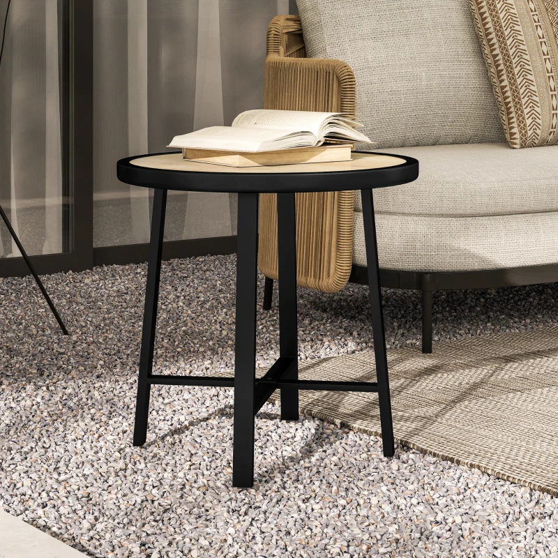 Best Round Small Garden Table, 50.5cm Outdoor Side Table with SPC Tabletop, Metal Frame and Anti-slip Foot Pads for Garden, Balcony, Nature Wood Finish - Image 8