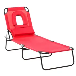 Best Foldable Outdoor Sun Lounger Adjustable Backrest Reclining Chair with Pillow and Reading Hole Garden Beach, Red