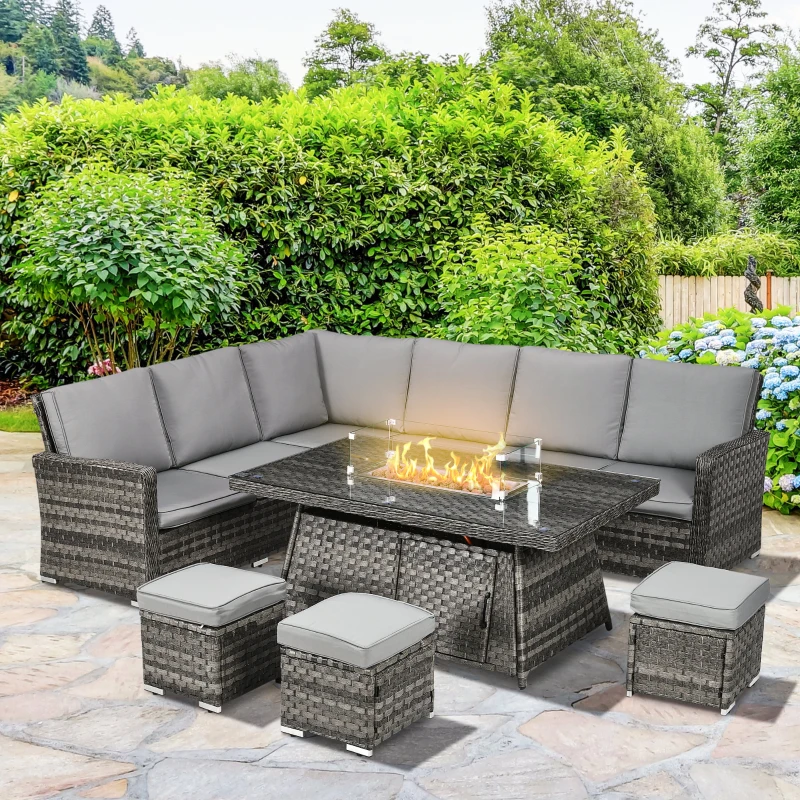 Best Seven-Piece Firepit Table Rattan Sofa Set - Grey - Image 2