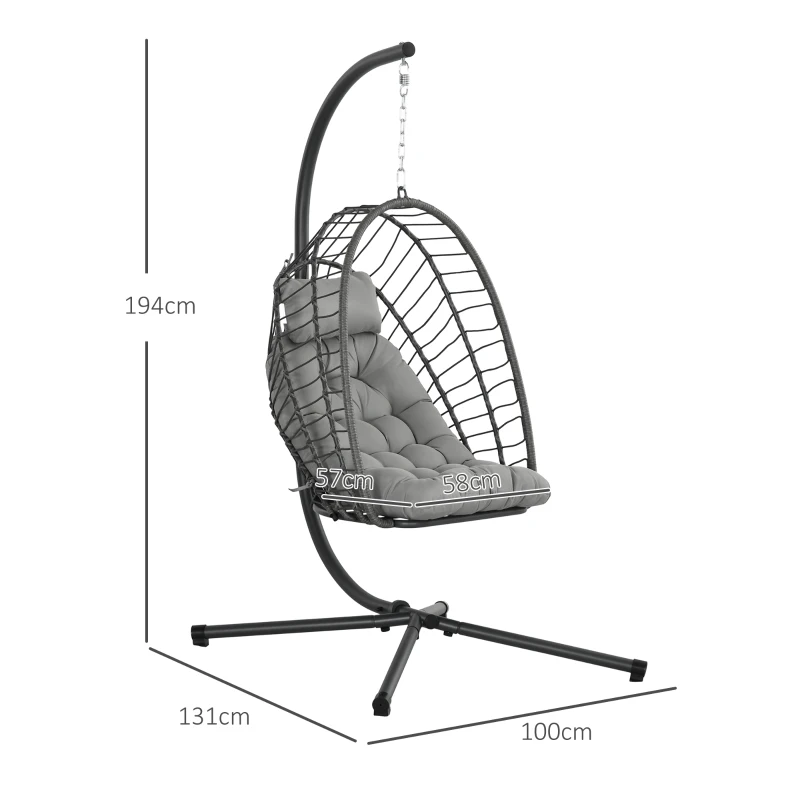 Best Outdoor PE Rattan Swing Chair with Foldable Basket and Cushion, Garden Patio Hanging Egg Chair with Metal Stand, Headrest for Indoor and Outdoor, Light Grey - Image 3