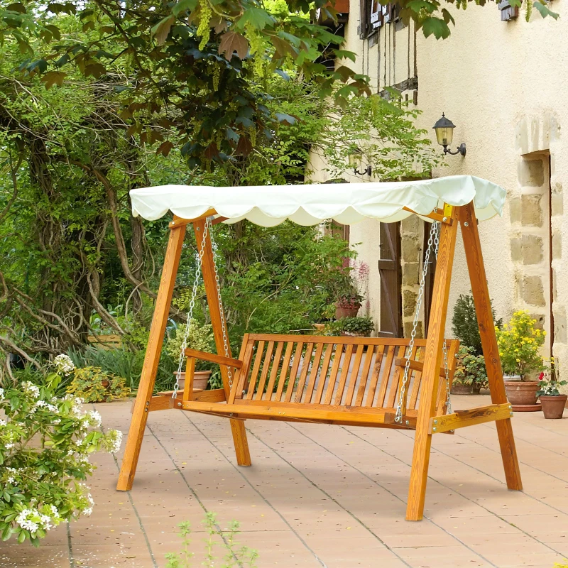 Best 3 Seater Garden Swing Seat with Canopy, Wooden Swing Chair, Outdoor Hammock Bench for Balcony Patio Porch, Cream White - Image 2