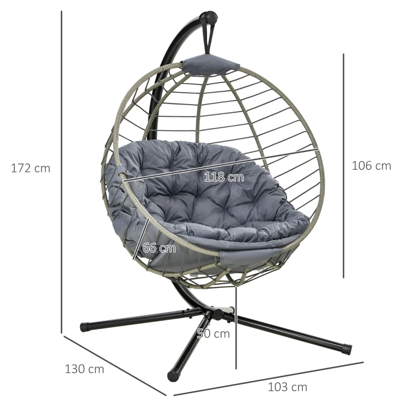 Best PE Rattan Swing Chair, Outdoor Hanging Chair with Metal Stand, Thick Padded Cushion, Foldable Basket and Cup Holder, for Indoor and Outdoor, Grey - Image 3