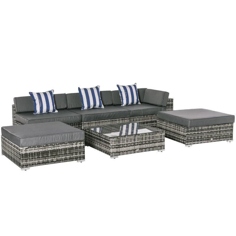 Best 6 PC Rattan Sofa Coffee Table Set Sectional Wicker Weave Furniture for Garden Outdoor Conservatory w/ Pillow Cushion Grey