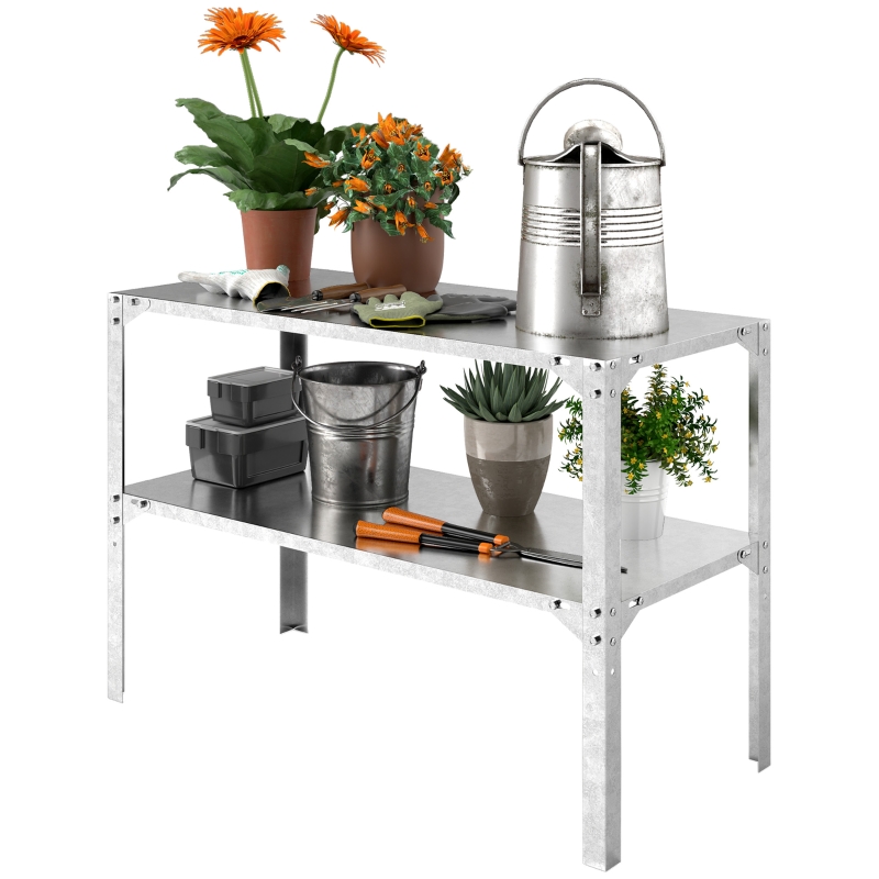Best 2 Tier Potting Bench Table, Galvanised Steel Garden Planting Work Bench Workstation with Storage Shelf for Outdoor, Patio, Greenhouse, 110 x 50 x 75 cm, Silver Tone - Image 11