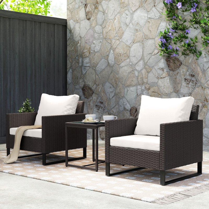 Best 3 Pieces Rattan Bistro Set with 4 Cushions, Wicker Garden Furniture Set, Glass Top Coffee Table and Chairs for Outdoor Patio, Balcony, Terrace and Conservatory, Brown - Image 10