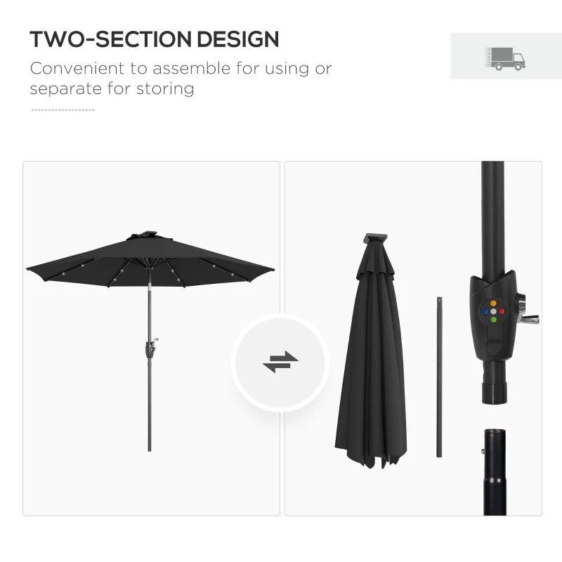 Best Φ2.7m Garden Parasol Solar Outdoor Tilt Sun Umbrella Patio Sun Shade w/ 24 LED Light, Hand Crank and 8 Ribs, Black - Image 8