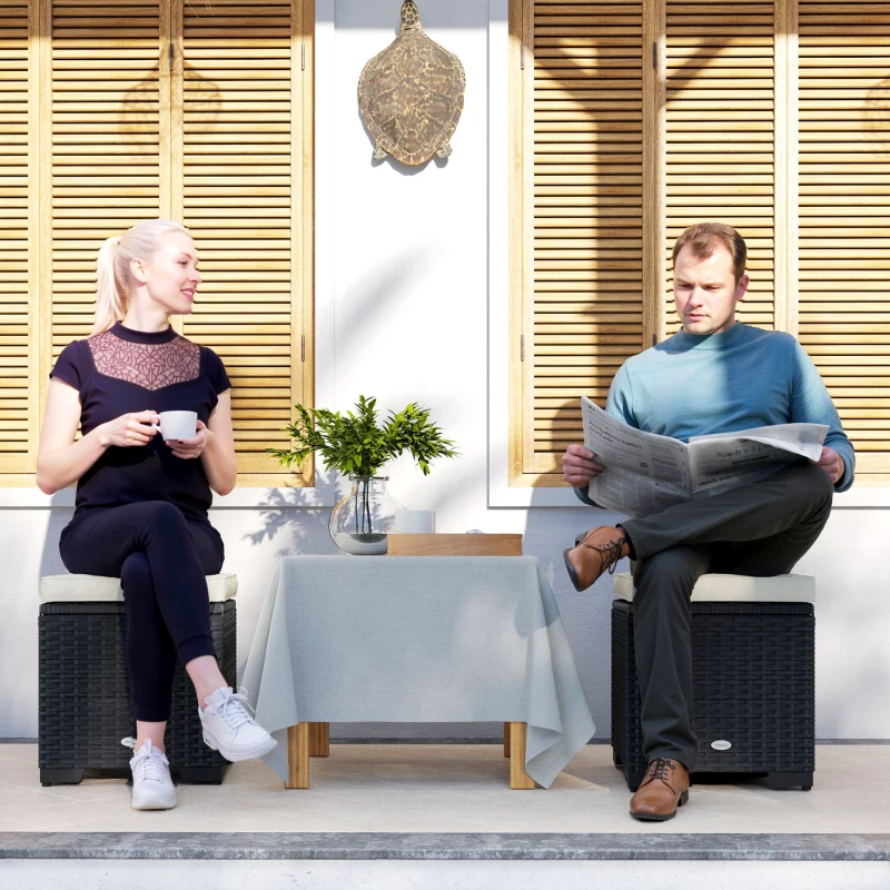 Best Set of 2 Rattan Storage Ottoman, Outdoor Footstool with Removable Cushions, Garden Storage Seat for Balcony, Poolside, Living Room, Cream - Image 2