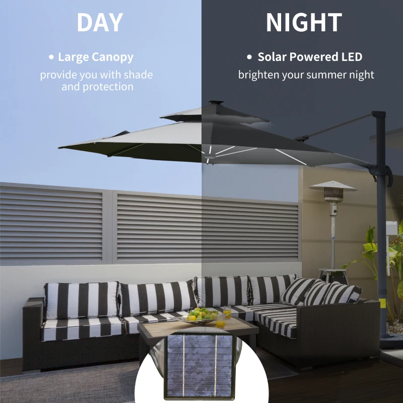 Best 3m Cantilever Parasol w/ Solar Lights Power Bank Base 360° Spin Dark Grey - Image 4
