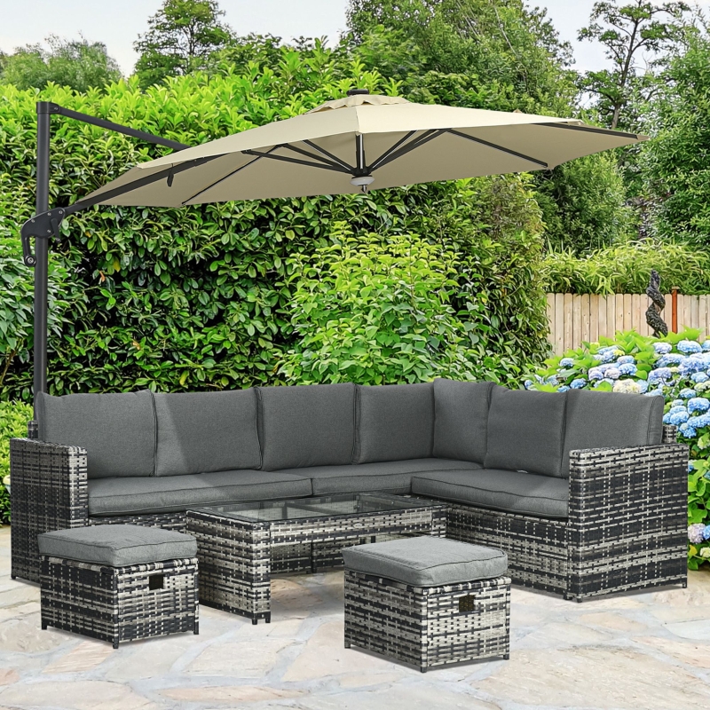 Best 6 Piece Rattan Garden Furniture Set, 8-Seater Outdoor Sofa Sectional with 3 Cushioned Loveseat 2 Footstools Table Grey - Image 10