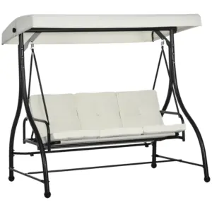 Best 3 Seater Canopy Swing Chair, 2 in 1 Garden Swing Seat Bed, with Adjustable Canopy and Metal Frame, Cream White