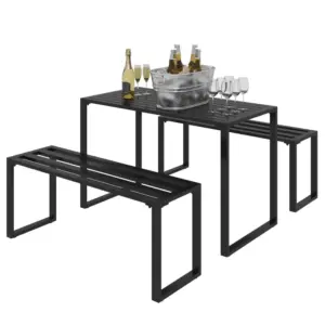 Best 3 Pieces Picnic Bench Set with Table and 2 Benches, Slated Design Dining Trestle Beer Table and Seat, Black