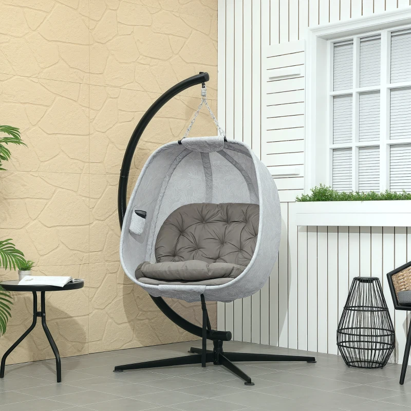 Best Hanging Egg Chair Outdoor Indoor Garden Swing Chair with Folding Basket, Garden Hanging Chair with Stand, Thickened Cushion, Cup Holder for Patio, Balcony, Sand Brown - Image 2
