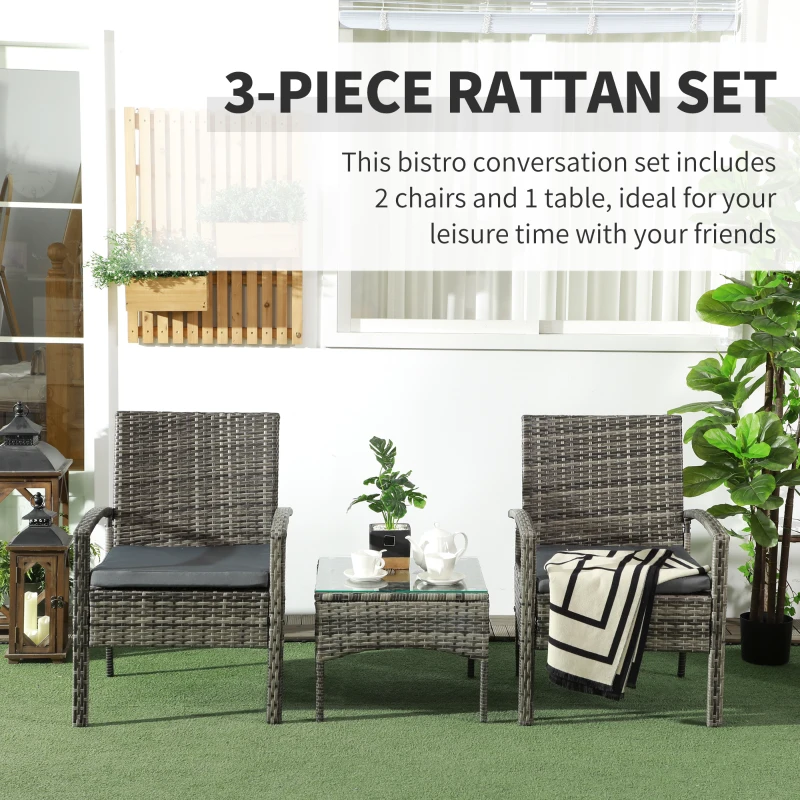 Best 3 Pieces Rattan Bistro Set, Wicker Garden Furniture Set with Glass Top Coffee Table and Chairs, Washable Cushions for Outdoor, Patio, Balcony, Mixed Grey - Image 4